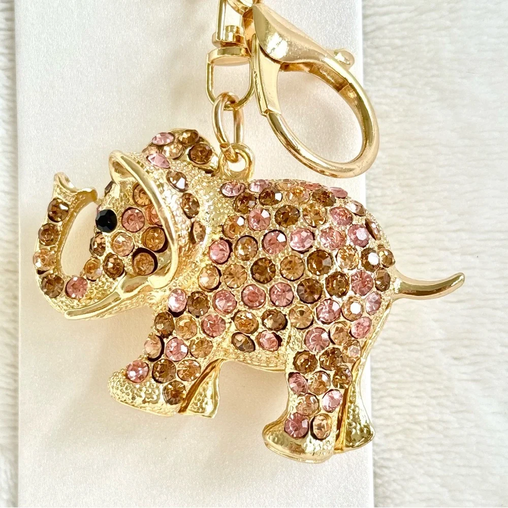 Natasha Couture Pink & Light Brown Rhinestone Elephant Key Chain /  Bag Charm